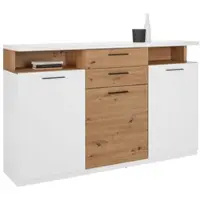 Forte WOY Sideboard 170, modernes Sideboard mit Ablage-Aufsatz, 3-türig, 2 Schubladen, Wohnzimmer, Flur, Holzwerkstoff, Weiß mit Artisaneiche Holzdekor, 169,6 cm breit x 106,5 cm hoch x 42 cm tief