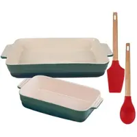 Bergner Excalibur - Set aus 2 rechteckigen grünen Steingut-Auflaufformen mit 2 Silikon-Küchenhelfern