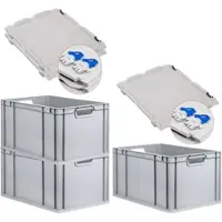 Proregal 3x Eurobox NextGen Grip mit Scharnierdeckel & blauen Verschlüssen | HxBxT 32x40x60cm | 65 Liter | Griffe offen | Verstärkter Boden