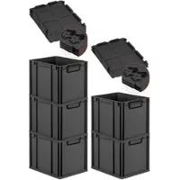 Proregal SuperSparSet 5x Eurobox NextGen Color mit Scharnierdeckel & Verschlüssen, HxBxT 32x30x40cm, 30L, Schwarz, Griffe schwarz zu, Eurobehälter