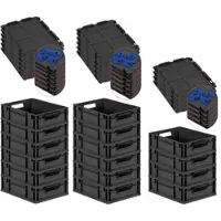 Proregal SuperSparSet 16x Eurobox NextGen Grip mit Auflagedeckel & 4 blauen Verschlüssen, HxBxT 12x30x40cm, 11L, Schwarz, Griffe offen, Eurobehälter