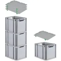 Proregal SuperSparSet 4x Eurobox NextGen Economy mit Auflagedeckel & 4x Verschlüsse Grün, Griffe offen, HxBxT 32x30x40cm, 30L, Eurobehälter, Box