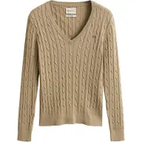 Gant Damen Cable-Strickpullover - STRETCH COTTON CABLE V-NECK, Zopfstrick Beige S