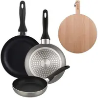 Bergner - Set aus 3 Pfannen Ø16/20/24cm aus gepresstem Aluminium in metallic-grau mit Rundes Schneidebrett 38x28x1,5 cm aus Buchenholz