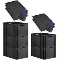 Proregal SuperSparSet 5x Eurobox NextGen Color mit Scharnierdeckel & Verschlüssen, HxBxT 32x40x60cm, 65L, Schwarz, Griffe blau offen, Eurobehälter