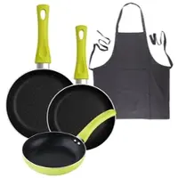 Bergner - Set aus 3 Pfannen Ø20/Ø24/Ø28 cm gepresstes Aluminium Molen Grün Küchenschürze Dunkelgrau 100 % Baumwolle 75x80 cm