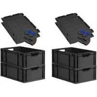 Proregal SuperSparSet 4x Eurobox NextGen Grip mit Scharnierdeckel & blauen Verschlüssen, HxBxT 22x40x60cm, 44L, Schwarz, Griffe offen, Eurobehälter