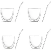 BEM 8-er Gläser Set: 4 x Thermogläser Doppelwandige Kaffeegläser Teegläser, für heiße und kalte Getränke (je 240 ml) und 4 x Glasstrohhalme