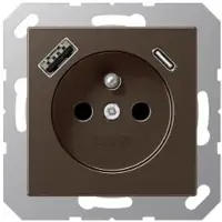 JUNG A1520F-15CAMO Steckdose, französisch/belgisches System, 16 A 250 V ~, mit USB-Ladegerät, 1 x Typ A + 1 x Typ C, Safety Plus, Serie A, mokka