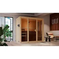 Karibu Sauna »Juminda«, BxTxH: 216 x 122 x 198 cm, 3,6 kW Ofen mit externe Steuerung , für 2 Personen - beige