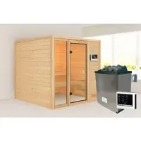 Karibu Sauna »Pedeli«, BxTxH: 196 x 195 x 187 cm, 9 kW Ofen mit externe Steuerung , für 3 Personen - beige