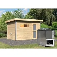 Karibu Saunahaus »Schwanenburg 1«, BxTxH: 337 x 196 x 228 cm, 9 kW Bio-Kombi-Ofen mit ext. Steuerung - beige