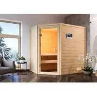 Karibu Sauna »Ahja«, BxTxH: 196 x 145 x 187 cm, 9 kW Ofen mit externe Steuerung , für 2 Personen - beige