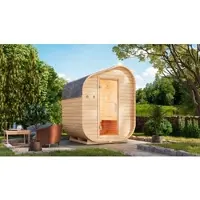 Karibu Fasssauna »Asym Vagula«, BxHxT: 199 x 248,5 x 175 cm, naturbelassen - braun