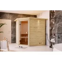 Karibu Sauna »Soodla«, BxTxH: 224 x 184 x 202 cm, 9 kW Ofen mit externe Steuerung , für 3 Personen - beige