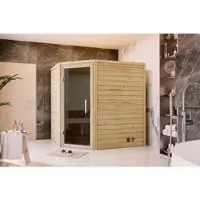 Karibu Sauna »Soodla«, BxTxH: 196 x 169 x 198 cm, 9 kW Bio-Ofen mit externe Steuerung , für 3 Personen - beige