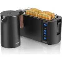 Arendo Frühstücks-Set Edelstahl, Wasserkocher mit Temperatureinstellung 1,5l, 4 Scheiben Langschlitztoaster, 4 Scheiben Toaster, Brötchenaufsatz, Touch, Cool Grey
