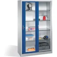 C+P Schiebetüren-Werkzeugschrank Acurado, mit Sichtfenster, B 1200 x T 500 x H 1950 mm, lichtgrau/enzianblau