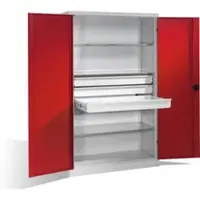 C+P Schwerlastschrank mit Drehtüren, 3 Böden und 3 Schübe, H1950xB1200xT500mm Front Rubinrot Korpus Lichtgrau