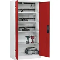 C+P Akkuladeschrank Acurado, abschließbar, mit Lüftung + Inneneinrichtung, B 930 x T 500 x H 1950 mm, Stahl, rubinrot RAL 3003/lichtgrau RAL 7035