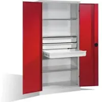 C+P Schwerlastschrank mit Drehtüren, 3 Böden und 3 Schübe, H1950xB930xT500mm Front Rubinrot Korpus Lichtgrau