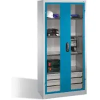 C+P Werkzeugschrank, Sichtfenster-Drehtüren, 4 Böden, 3 Schübe, H1950xB930xT500mm Front Lichtblau Korpus Lichtgrau