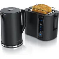 Arendo Frühstücks-Set Edelstahl, Wasserkocher Toaster Set, Wasserkocher mit Temperatureinstellung 1,5l, Toaster 2 Scheiben Kurzschlitz, Brötchenaufsatz, Touch, schwarz