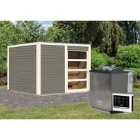 Karibu Saunahaus »Kandau«, BxTxH: 276 x 276 x 210 cm, 9 kW Bio-Kombi-Ofen mit ext. Steuerung - grau