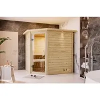 Karibu Sauna »Soodla«, BxTxH: 224 x 184 x 202 cm, 9 kW Ofen mit externe Steuerung , für 3 Personen - beige