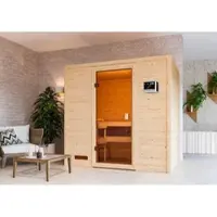 Karibu Sauna »Kasari«, BxTxH: 196 x 145 x 187 cm, 9 kW Ofen mit externe Steuerung , für 2 Personen - beige