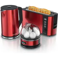 Arendo Frühstücks-Set Edelstahl, Wasserkocher mit Temperatureinstellung 1,5l, Eierkocher 7 Eier, 4 Scheiben Langschlitztoaster, 4 Scheiben Toaster, Brötchenaufsatz, rot