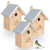 Voss.garden 3x Nistkasten Hazel, Natur - massiv Holz, Wildvögel, Metalldach, Ø 32mm