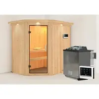 Karibu Sauna »Vijandi«, inkl. 9 kW Bio-Kombi-Saunaofen mit externer Steuerung, für 3 Personen - beige