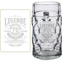 Luxentu Bierkrug "Maßkrug mit Gravur Legende seit 70 Jahren 1,0 Liter transparent"