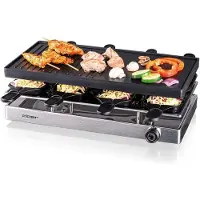 Cloer 6458 Raclettegrill mit Aluminium-Druckguss Platte, 1200 W, 8 antihaftbeschichtete Raclettepfännchen, Kunststoffspachtel, unbeheizter Parkplatz, Aluminium