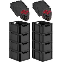 Proregal SuperSparSet 8x Eurobox NextGen Grip mit Auflagedeckel & 4 roten Verschlüssen, HxBxT 22x30x40cm, 20L, Schwarz, Griffe offen, Eurobehälter