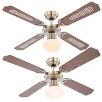 ETC LED Deckenventilator mit Zugschalter Ventilatorlampe Decke 3 Stufen Ventilator Deckenleuchte, Vor-Rücklauf, Eiche Geflecht Glas Altmessing, 1x LED 9W 810Lm, D 106,6 cm