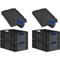 Proregal SuperSparSet 4x Eurobox NextGen Color mit Auflagedeckel & Verschlüsse, HxBxT 22x40x60cm, 44L, Schwarz, Griffe blau offen, Eurobehälter