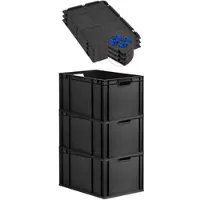 Proregal SuperSparSet 3x Eurobox NextGen Grip mit Auflagedeckel & 4 blauen Verschlüssen, HxBxT 32x40x60cm, 65L, Schwarz, Griffe offen, Eurobehälter