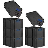 Proregal SuperSparSet 5x Eurobox Nextgen Color Mit Scharnierdeckel HxBxT 32x40x60cm 65 Liter Schwarz Griffe Blau Geschlossen Eurobehälter Transportbox