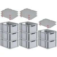 Proregal SuperSparSet 8x Eurobox NextGen Grip mit Auflagedeckel & 4 roten Verschlüssen, HxBxT 22x30x40cm, 20L, Grau, Griffe offen, Eurobehälter