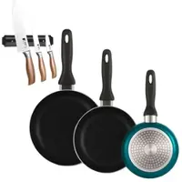 Bergner - Set aus 3 Pfannen Ø16/20/24cm aus gepresstem Aluminium in metallic-blau mit 3-teiliges Edelstahlmesser-Set mit magnetischer Wandhalterung