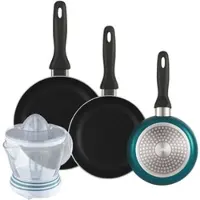 Bergner - Set aus 3 Pfannen Ø16/20/24cm aus gepresstem Aluminium in metallic-blau mit Entsafter NATURALLY 40 W, 1,2 L