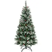 Costway 180cm Künstlicher Weihnachtsbaum mit roten Beeren, schneebedeckter Tannenbaum mit Metallständer, Christbaum PVC Nadeln, Kunstbaum Weihnachten