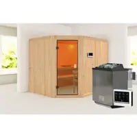 Karibu Sauna »Jewe«, BxTxH: 231 x 196 x 198 cm, 9 kW Bio-Ofen mit externe Steuerung, für 4 Personen - beige
