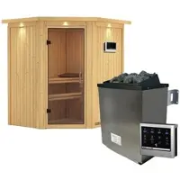 Karibu Sauna »Narva«, inkl. 9 kW Saunaofen mit externer Steuerung, für 3 Personen - beige