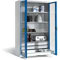 C+P Werkzeugschrank, Sichtfenster-Drehtüren, 4 Böden, 3 Schübe, H1950xB1200xT500mm Front Lichtblau Korpus Lichtgrau
