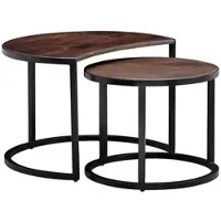 KADIMA DESIGN Couchtisch 2er Set Mango Massivholz Metall Rund Industrial, Dunkelbraun 41x60x41 cm