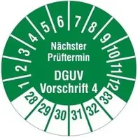 Böttcher-AG Prüfplaketten DGUV Vo4, nächster Prüftermin, 2028-2033, grün, Ø 20 mm, aus Vinyl, 1.000 Stück