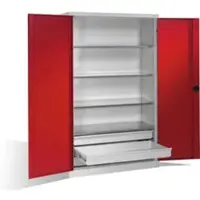 C+P Schwerlastschrank mit Drehtüren, 4 Böden und 3 Schübe, H1950xB1200xT500mm Front Rubinrot Korpus Lichtgrau